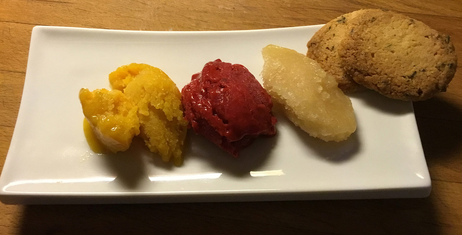 Trio of fruit sorbets (Mango, raspberry, pear)