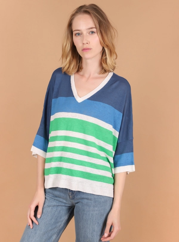 Sweaters for women - V-Neck Striped Linen - Estheme Cachemire