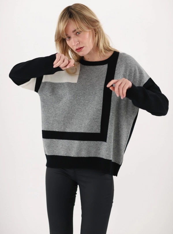 Sweaters for women - Round Neck with Square Motif - Estheme Cachemire